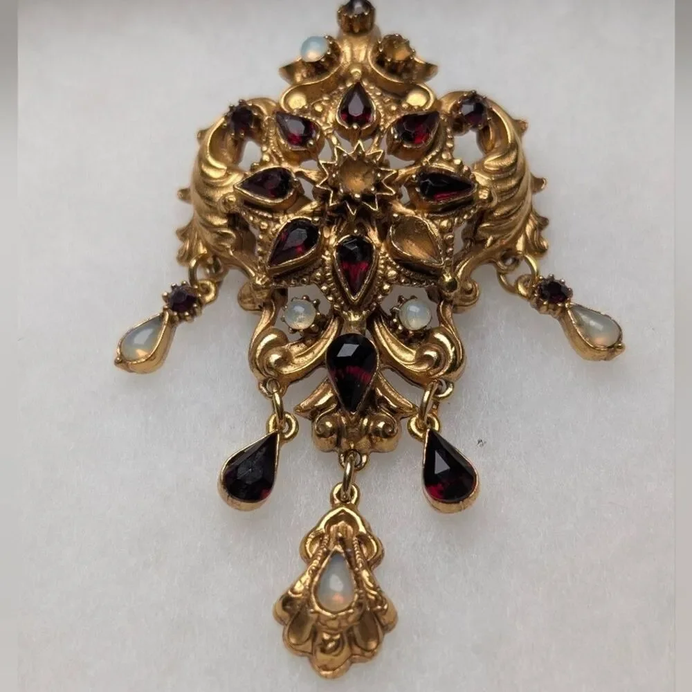 Vintage Signed FLORENZA Ornate Gold Tone Dangle Brooch Mid Century Regency